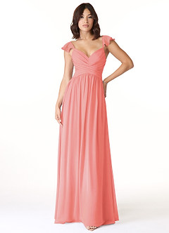 Azazie Lissa Bridesmaid Dresses Coral A-Line Lace Chiffon Dress image1
