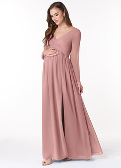 Azazie Teton Maternity Bridesmaid Dresses A-Line Long Sleeve Chiffon Floor-Length Dress image3