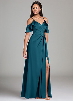 Azazie Dakota Bridesmaid Dresses Ink Blue A-Line Off the Shoulder Stretch Satin Dress image1