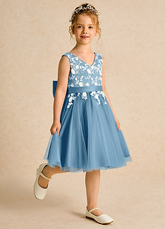 Azazie Butterfly Flower Girl Dresses Steel Blue A-Line Lace Dress image3
