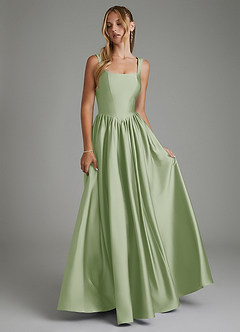 Azazie Nevaeh At-home Try On Dresses Dusty Sage A-Line Corset Stretch Satin Dress image4