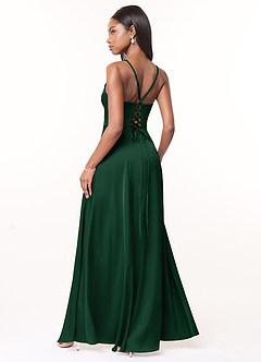 Azazie Maksim Bridesmaid Dresses Dark Green A-Line V-Neck Stretch Satin Dress image2