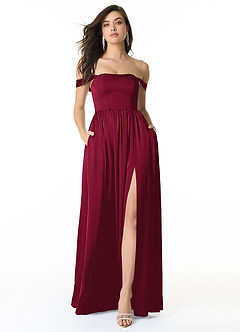 Azazie Morana Bridesmaid Dresses Burgundy A-Line Off the Shoulder Stretch Satin Convertible Dress image1