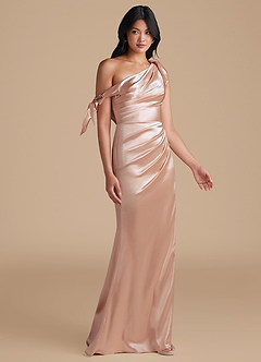Azazie Xyla At-home Try On Dresses Auburn Sheath Off the Shoulder Metallic Satin Convertible Dress image7