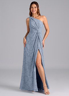 Azazie Brooke Abiti da Damigella Abito A-Line in Burnout Floreale Monospalla Blu Polveroso image4