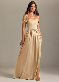 Azazie Calianna Bridesmaid Dresses Champagne A-Line Off the Shoulder Stretch Satin Convertible Dress image7