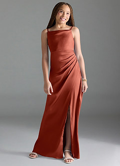 Azazie Leonis Junior Terracotta A-Line Pleated Stretch Satin Dress image1