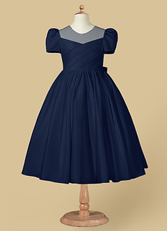 Azazie Anirra Flower Girl Dresses Dark Navy Ball-Gown Pleated Matte Satin Dress image5