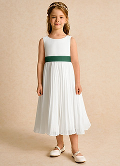 Azazie Margot Abiti da Ragazza di Fiori Abito A-Line in Chiffon Plissettato Avorio Verde Scuro image6