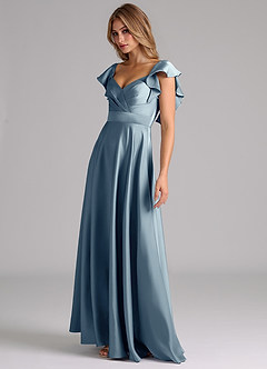 Azazie Leilani Bridesmaid Dresses Dusty Blue A-Line Ruched Stretch Satin Dress image8