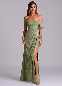 Azazie Johana Robes de demoiselle d'honneur Robe Sirène Convertible en Blumen-Burnout Épaule décolletée Pistache image3
