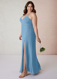 Azazie Becca Bridesmaid Dresses Steel Blue Sheath V-Neck Chiffon Dress image9