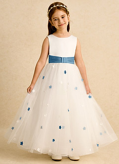 Azazie Cricket vestidos de niña de las flores Vestido de Marfil Azul Acero de Satin Mate de Princesa con Plisado image4