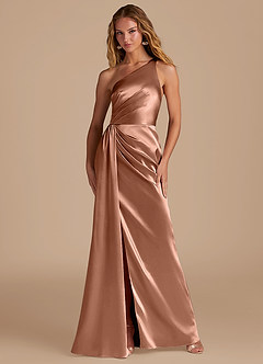 Azazie Mika Brautjungfernkleider Etui One-Shoulder Metallischer Satin Kleid Bronzer image1