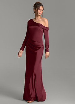 Azazie Sandra Vestidos de damas de honor Vestido Cabernet de Satén Elástico de Corte Sirena con Manga larga image4