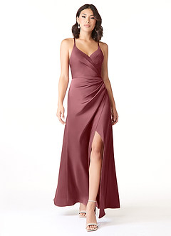 Azazie Geanna Bridesmaid Dresses Desert Rose Sheath V-Neck Pleated Stretch Satin Dress image1
