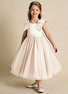 Azazie Serene vestidos de niña de las flores Vestido de Alabastro Blanco de Satin Mate de Princesa con Lazo image1