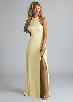 Azazie Clarice Bridesmaid Dresses Lemon Sorbet A-Line High Neck Stretch Satin Dress image5