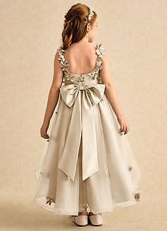 Azazie Tweety Robe Demoiselle D'honneur Fillette Robe Trapèze en Tulle Dentelle Champagne image2