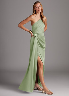 Azazie Mika Bridesmaid Dresses Dusty Sage Sheath One Shoulder Stretch Satin Dress image4