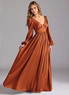 Azazie Norah Bridesmaid Dresses Cinnamon A-Line Stretch Satin Dress image3
