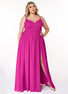 Azazie Rayna Vestidos de damas de honor Vestido de Fucsia de Gasa de Corte en A con Cuello en V plisado image7