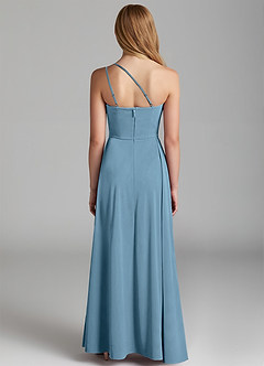 Azazie Maron Junior Steel Blue A-Line Pleated Stretch Satin Dress image4