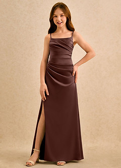 Azazie Cannoli Girls Formal Robe Demoiselle D'honneur Fillette Robe Trapèze en Satin extensible Plissée Expresso image3
