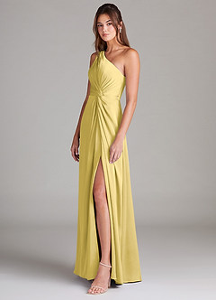 Azazie Brooke Robes de demoiselle d'honneur Robe Trapèze en Satin extensible Une épaule Canari image6