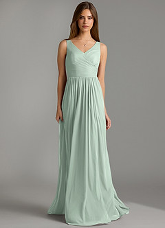 Azazie Keyla Bridesmaid Dresses Agave A-Line Pleated Mesh Dress image4