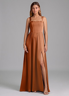 Azazie Rosaline Robes de demoiselle d'honneur Robe Trapèze en Satin extensible Fente Latérale Cuivre image3