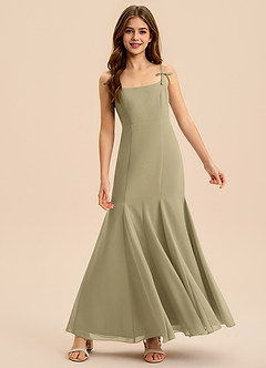 Azazie Evey Junior Vestido de Musgo Verde de Gasa de Corte Sirena con Plisado image3