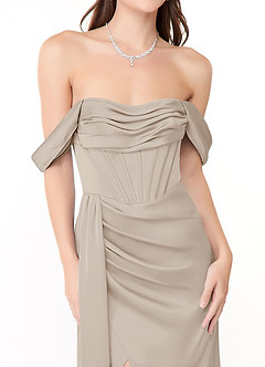 Azazie Amyra Bridesmaid Dresses Frost Sheath Off the Shoulder Stretch Satin Convertible Dress image9