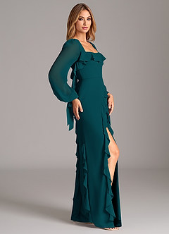 Azazie Candice Final Sale Pine A-Line Long Sleeve Chiffon Dress image6