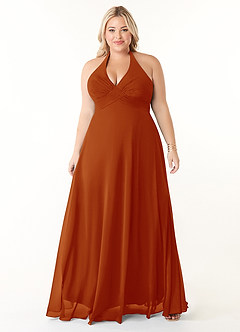Azazie Tessie Robes de demoiselle d'honneur Robe Trapèze en Mousseline de soie Col V plissé Paprika image6