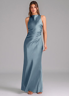 Azazie Evadne Robes de demoiselle d'honneur Robe Trapèze en Satin extensible Plissée Bleu Poussiéreux image3