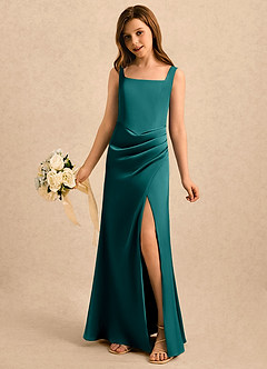 Azazie Noah Girls Formal Flower Girl Dresses Peacock Sheath Pleated Stretch Satin Dress image1