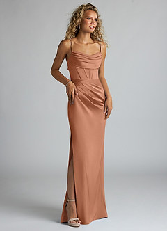 Azazie Mai Bridesmaid Dresses Bronzer Sheath Pleated Stretch Satin Dress image3