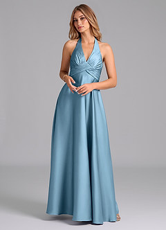 Azazie Tessie Bridesmaid Dresses Steel Blue A-Line Pleated Stretch Satin Dress image1