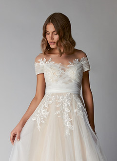 Azazie Cindy Wedding Dresses A-Line Illusion Off-The-Shouler Lace Tulle Chapel Train Dress image6