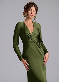 Azazie Valerie Bridesmaid Dresses Olive Mermaid Long Sleeve Stretch Satin Dress image5