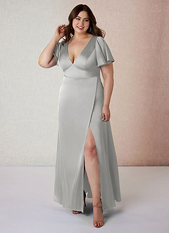 Azazie Lani Bridesmaid Dresses Silver A-Line Flounce Sleeve Stretch Satin Dress image7