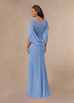 Azazie Hera At-home Try On Dresses Steel Blue A-Line Lace Capelet Chiffon Dress image3