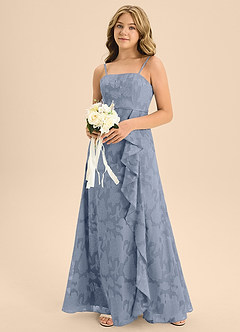 Azazie Kaylee Junior Dusty Blue A-Line with Belt Floral Burnout Dress image6