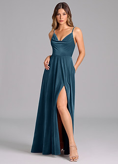 Azazie Sarella Bridesmaid Dresses Blue Topaz A-Line Pleated Velvet Dress image3