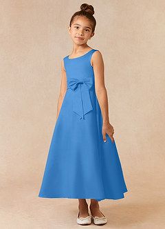 Azazie Lindy Flower Girl Dresses Blue Jay A-Line Pleated Matte Satin Dress image4
