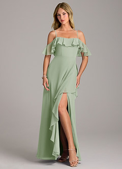 Azazie Aubrie Bridesmaid Dresses Dusty Sage A-Line Off the Shoulder Chiffon Dress image4