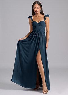 Azazie Denisse Robes de demoiselle d'honneur Robe Trapèze en Mousseline de soie Drapé Bleu Marine Foncé image4