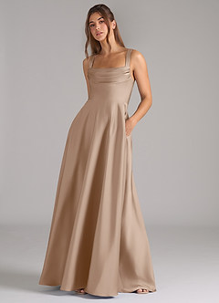 Azazie Shaude Bridesmaid Dresses Taupe A-Line Pleated Stretch Satin Dress image4