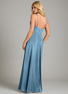 Azazie Sarella Vestidos de damas de honor Vestido de Azul Acero de Satén Elástico de Corte en A con Plisado image2